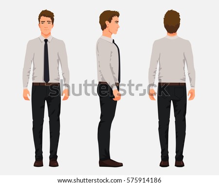 Vector illustration of three business men in official clothes. Cartoon realistic people illustartion.Worker in a shirt with a tie.Front view man,Side view man,Back side view man