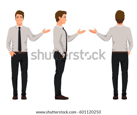 Vector illustration of three business men in official clothes with hand up. Question pose. Presentation pose.Cartoon realistic people illustartion.Front view man,Side view man,Back side of man