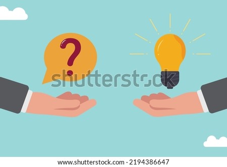 Question and answer, businessman hand holding question mark with other reply with lightbulb. solving problem or business solution.