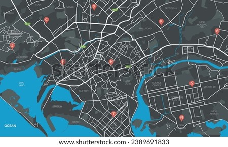 Urban detailed black and white map, vector illustration of city map with beach port