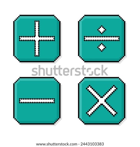 Pixel art, 90s mood, 8bit retro style plus, minus, multiply, divide, set of math page icons or symbols on pixelated style vector illustration