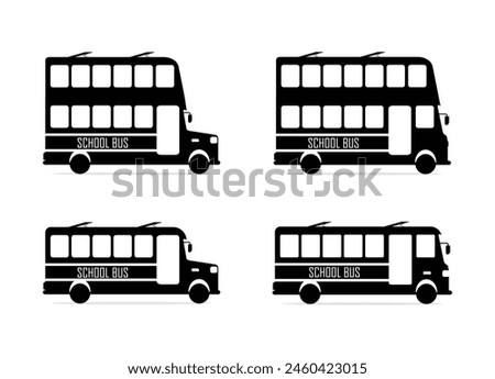 Set of silhouette school bus icon, black double decker bus vector illustration