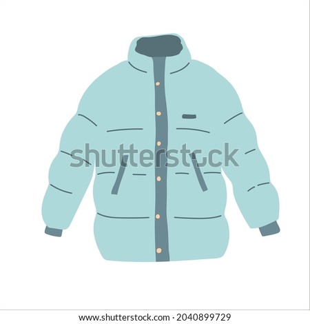 Blue winter zipped down jacket isolated vector on the white background. padded jacket with buttons. Blue hand drawing flat