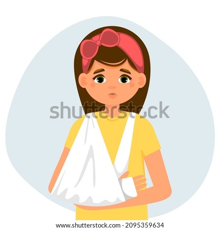 Little girl with broken arm. Concept of treatment bone fracture, plaster cast on broken arm, children's medicine. Vector cartoon illustration in flat style.