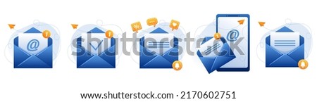 Blue open mail envelopes with email sign, new message, letter, check mark. Sending advertising emails, offering discount, sale. Email management concept. Vector icons set.