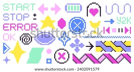 2000s pixel aesthetic nostalgia figure set. Collection of simple shapes in y2k style.
