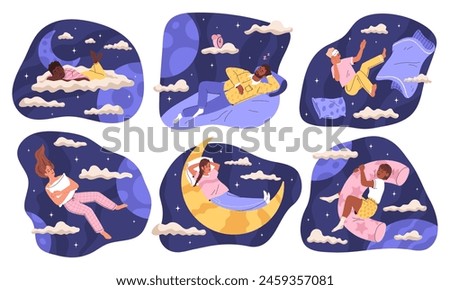 People sleep set. Concept of healthy sleep, dreams. Process of immersing person in sleep. Vector flat illustration.