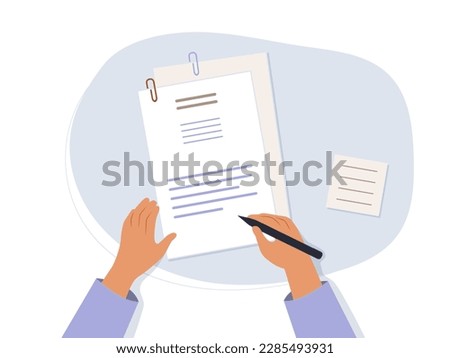 Hands holding a document and a pen. Survey, quiz, to-do list or deal concept. Vector illustration in flat style.
