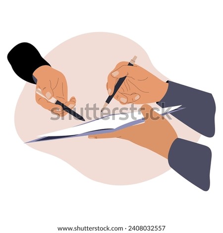 Two people are holding pens and signing a document. Agreement concept, notarization, signing or terminating the contract, signing documents, surveys, filling out questionnaires.