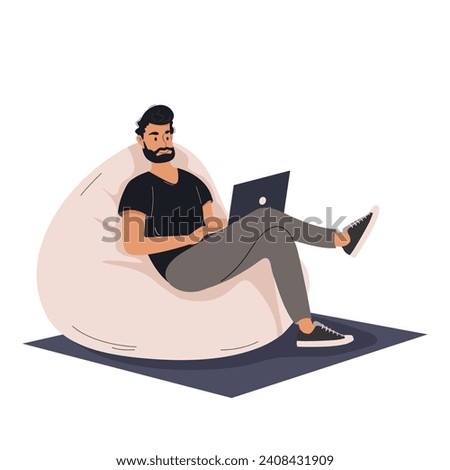 Business man working online at laptop computer sitting in bean bag chair. Male employee at pc. Concept of home office, remote work, study, online conference. Flat cartoon vector.
