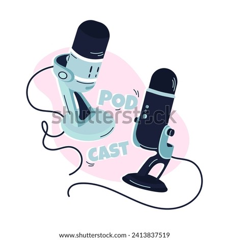 Podcast cover. Design template with two microphones on a pink background. Microphone on a stand with a cable. Cartoon vector illustration