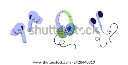 Hand drawn set of headphones. Recording and listening to podcasts, broadcasting, online radio. Concept streaming audio service. Cartoon vector set. Isolated elements