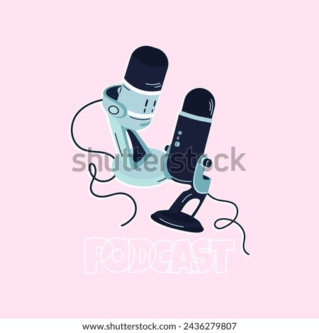 Podcast cover. Design template with two microphones on a pink background. Microphone on a stand with a cable. Cartoon vector illustration	
