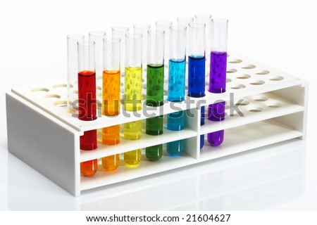 Test tubes with multicoloured indicators are standing in its support