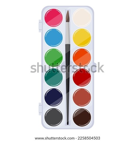 Top view of watercolor paints in a transparent box with a brush for painting. Vector illustration