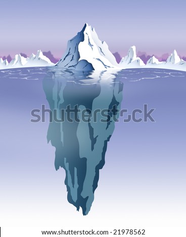 Evening view of an iceberg with visible underwater surface.