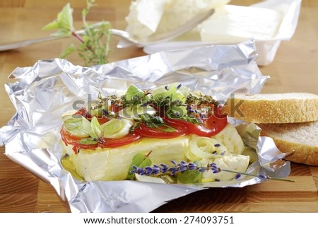 Baked Feta Cheese in Tin Foil with Lavender and Herbs