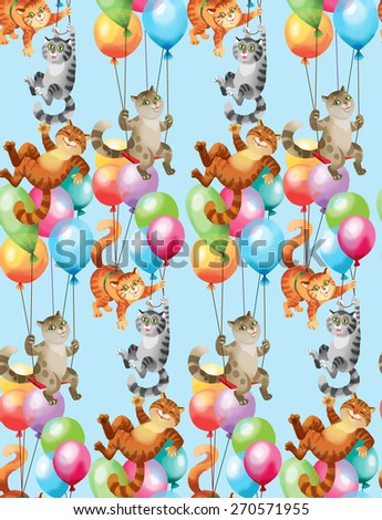 Cats Fly on the Balloons. Seamless background pattern. Version 2