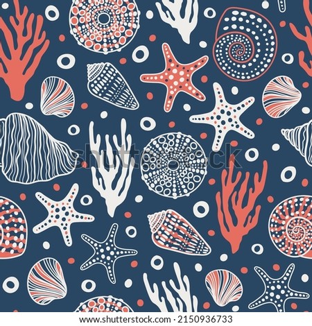 Sea bottom seamless pattern.Summer beach hand-drawn seaside vector print.Undersea world cartoon background with sea urchin, starfish, shell, coral. Seashore elements design for fabrics, wallpaper