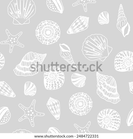 Sea bottom seamless pattern. Summer beach hand-drawn seaside vector print. Undersea world cartoon background with sea urchin, starfish, shell, coral. Seashore elements design for fabrics, wallpaper