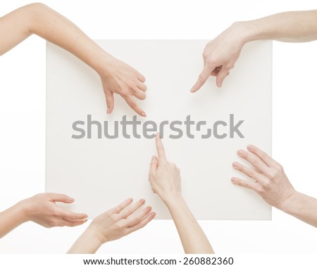 Human hands holding white board isolated on white