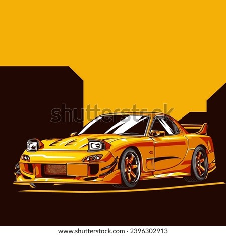 Vector illustration of modified jdm car within orange background with front view using hand drawn style by pxlgraph. Perfect for wallpaper, poster, background, t-shirt design, and printing design.