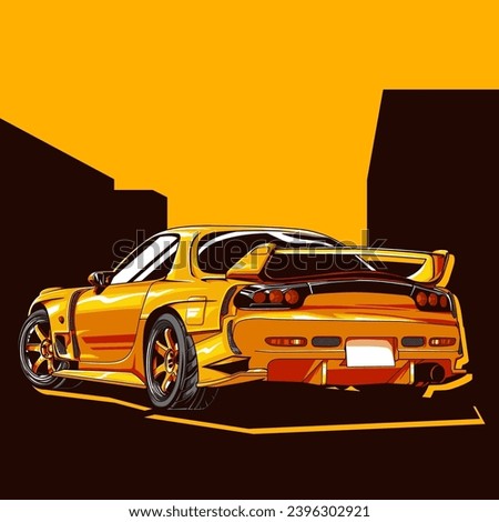 Vector illustration of modified jdm car within orange background using hand drawn style by pxlgraph. Perfect for wallpaper, poster, background, t-shirt design, and printing design.