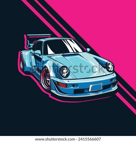 Vector illustration of modified jdm car within bright background with front view using hand drawn style by pxlgraph. Perfect for wallpaper, poster, background, t-shirt design, and printing design.