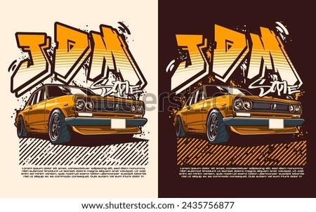 JDM car t-shirt design with text on top using black background and white background. Perfect for wallpaper, poster, background, t-shirt design, and printing design.