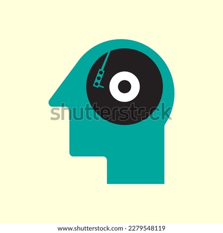 green human head with brain filled vinyl record, vector logo icon