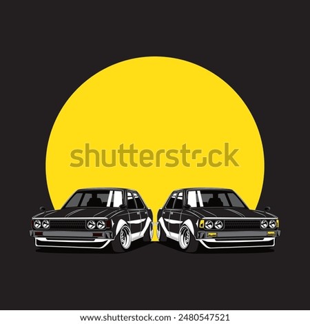 2 Corolla cars with a big moon background, vetor logo icon