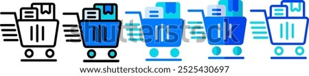 Shopping cart icon set, shopping cart illustration in several styles such as line, filled, flat, and glyph. Suitable for checkout icons in online shop applications.