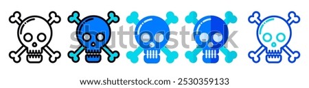 Danger alert icon, skull illustration in line, flat, and filled styles. Suitable for alert, warning, caution, danger, poison, death and risk symbols.