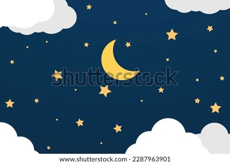 night sky with stars and moon. paper art style. Dreamy background with moon stars and clouds, abstract fantasy background. Half moon, stars and clouds on the dark night sky background.