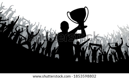 Football poster with the winning football team with the Cup in their hands and fans, vector illustration. Fans, a crowd of people.