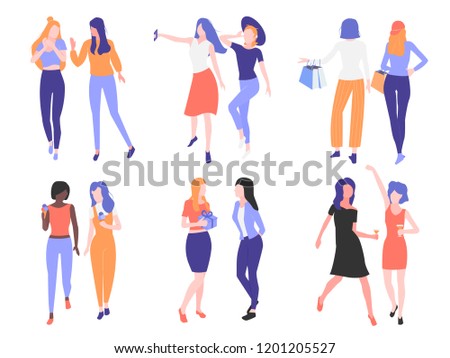 Set girls friendship. Couple of girlfriends isolated on white background. They share secrets, take selfies, go shopping, eat ice cream in the park, give gifts, dance and drink at a party. Minimalistic