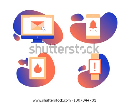 Set of four icons on gradient background. Multi-factor authentication, a variety of electronic devices, notification and new message. Computer, mobile, tablet, smart watch. Vector illustration.