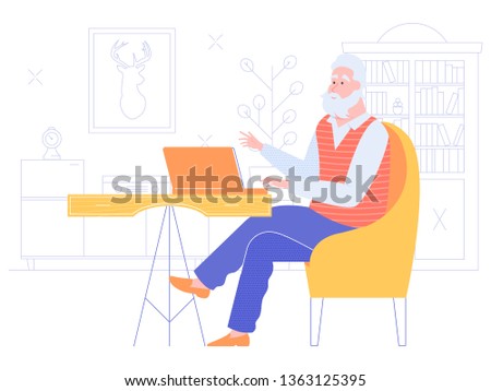 Gray-haired senior man at home working with a laptop. Internet surfing, online education, remote work. Active life in old age. Bright vector character on the background of the room.