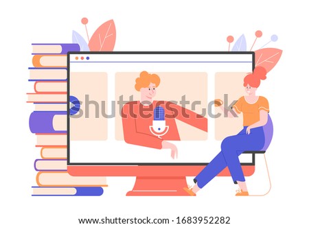 Online education service. Man teacher gives a lecture, master class on a computer screen. Student girl is sitting nearby and listening to a lesson. Vector flat illustration.
