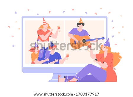 Online internet party. Birthday celebration in quarantine mode. Friends live in different countries and cities, have fun in a video conference. They play the guitar, drink drinks, show gifts. Vector.