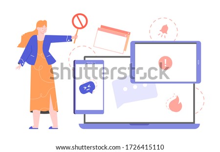 Informational and digital detox. Girl with a prohibition sign and devices. Smartphone, tablet and laptop. Refusal to use the Internet and social networks. Vector flat illustration.