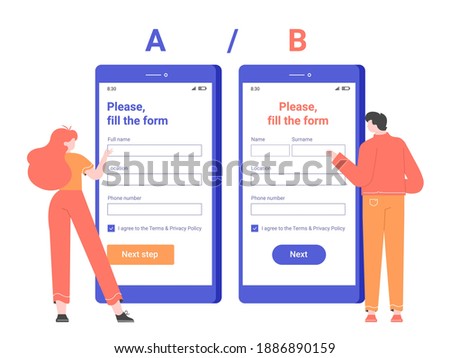 Split AB testing the registration form in the mobile application. Characters stand next to smartphones with different designs. Vector flat illustration.