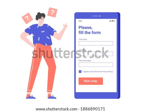 Male character stands next to a smartphone. Fills the registration form in the mobile application. Vector flat illustration.