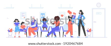 People with children are sitting in the lobby of the clinic. Queue at the hospital to see the doctor. Pediatrics. Waiting room. Vector flat illustration.