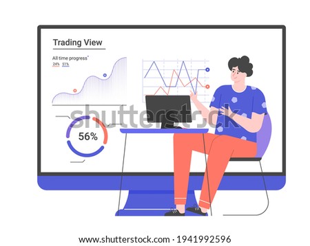 Personal investment. Web application for a trader. Character and big monitor with graphs. Analysis of trends and dynamics of stock prices. Man with computer.Vector flat illustration.