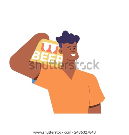 Handsome black man holding a box of beer. Bottles with alcoholic drinks in a case. The guy goes to a party. Vector illustration.