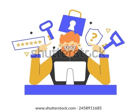 A devops engineer works on a task at the computer. User data protection, cyber security, password recovery. Vector flat illustration with male character.