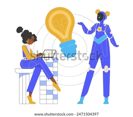 Brainstorming, generating ideas together with a neural network. A girl at a laptop, a female android giving advice, a giant light bulb. Artificial intelligence in work and education. Vector flat.