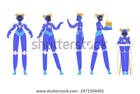 Cute female robot in different poses. Standing, presenting, high-fiving, delivering boxes, reading a book at the table. Cute android assistant. Vector flat illustration with character.