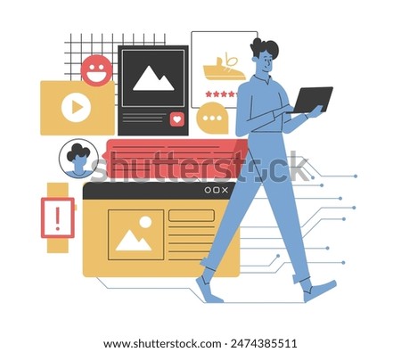 Illustration of a man using a laptop surrounded by digital content and social media icons, representing online activity and digital footprint. Highlights internet usage, social media, communication.